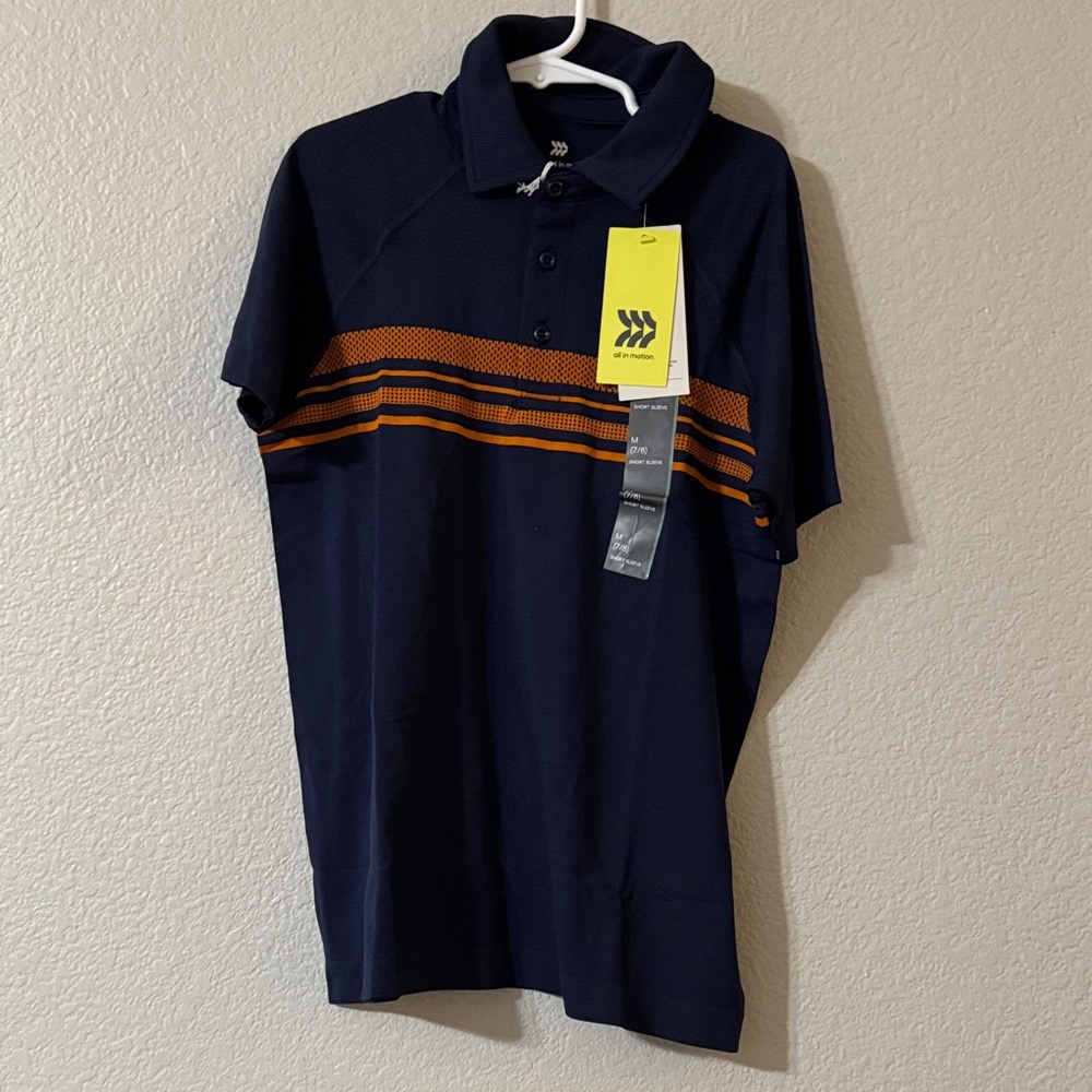 All in Motion Navy Polo with Orange Stripes